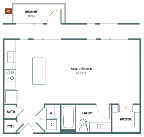E2 Studio 624 Sq. Ft. Floor Plan at Gatsby on Ross, Texas
