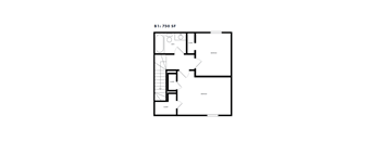 A black and white image of a floor plan for a B1 750 SF apartment.