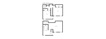 A floor plan of a two-story building with a living room, kitchen, and bathrooms.