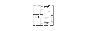 A floor plan of an apartment with two bedrooms, a living room, a kitchen, a bathroom, and a storage area.