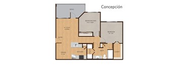 2 bed 1 bath floor plan at Villa Espada Apartments, San Antonio, Texas
