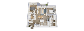 A 3D floor plan of a house with a kitchen, living room, and bedrooms.