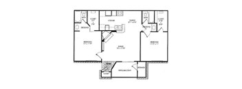 A floor plan of a house with two bedrooms, a bathroom, a kitchen, a dining area, a pantry, a storage area, and a closet.