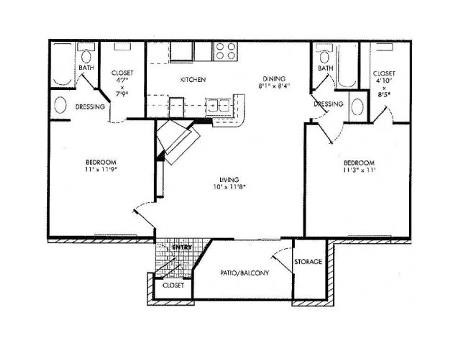 A floor plan of a house with two bedrooms, a bathroom, a kitchen, a dining area, a pantry, a storage area, and a closet.