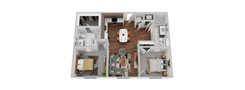 A 3D floor plan of a small apartment with a kitchen, living room, and bedroom.