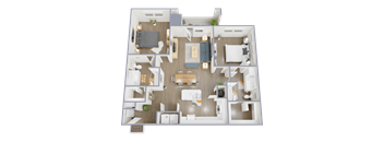 A 3D floor plan of a house with a living room, kitchen, dining room, and bedrooms.