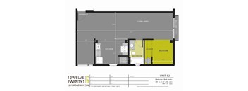 A floor plan of a studio apartment with a living area, kitchen, bathroom, closet and bedroom.