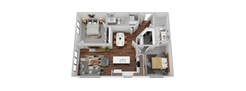 A top-down view of a modern apartment layout.