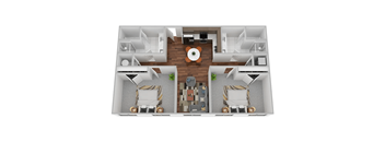 A top down view of a house layout with two bedrooms, a living room, a kitchen, and a dining area.