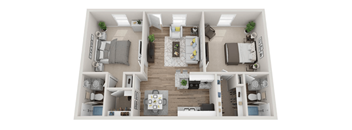 A 3D floor plan of a small apartment with a kitchen, living room, and bedroom.