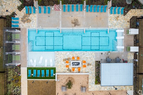 Aerial view of a swimming pool at Birdie on Woodland Greens, Austin, Texas