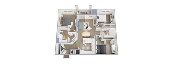 A 3D floor plan of a house with a living room, kitchen, and bedrooms.
