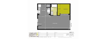 A floor plan for a 1 bedroom 1 bathroom studio apartment.