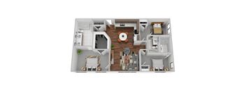 A 3D floor plan of a house with a central courtyard.