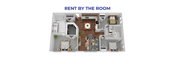 A 3D floor plan of a room with furniture and a living area.