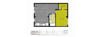 A floor plan for a one bedroom apartment with a living area, kitchen/dining area, and bathroom.