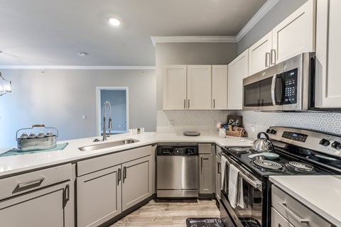 A modern kitchen with a stainless steel dishwasher and oven.
