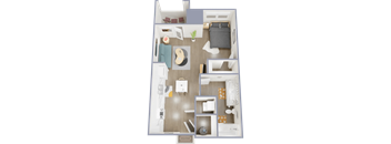 A 3D floor plan of a small apartment with a kitchen, living room, and bathroom.