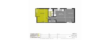 A floor plan for a 1 bedroom, 1 bathroom apartment in the 1221 broadway building in san antonio, texas.