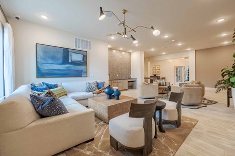 Clubhouse lounge with contemporary furnishings and seating areas at Emilia Apartments, Boerne, TX 78006