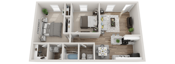 A top-down view of a modern, well-organized apartment with a living room, kitchen, and two bedrooms.