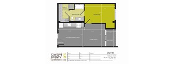 A floor plan for a unit with a living area, kitchen/dining area, bedroom, and bathroom.