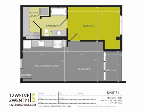 A floor plan for a unit with a living area, kitchen/dining area, bedroom, and bathroom.