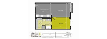 A floor plan of a 1 bedroom apartment in the 1221 broadway building in san antonio, texas.