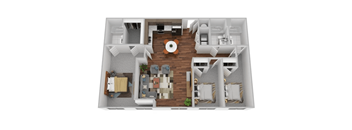 A 3D floor plan of a house with a central circular area and various rooms surrounding it.