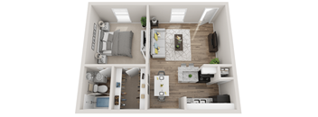 A top-down view of a small apartment with a kitchen, living room, and bedroom.