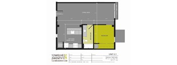 A floor plan for a 1 bedroom apartment with a bathroom and a kitchen/dining area.