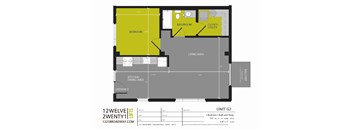 A floor plan for a 1 bedroom apartment at 1221Broadway.com.
