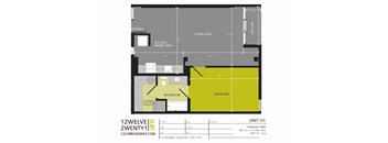 A floor plan of a one bedroom apartment with a bathroom and a bedroom.