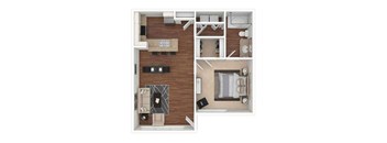 A floor plan of a two-bedroom apartment with a living room, kitchen, and bathroom.