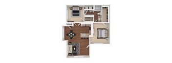 A 3D floor plan of a house showing a living room, kitchen, and two bedrooms.