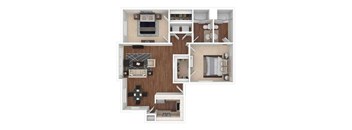 A floor plan of a two-bedroom apartment with a living room, kitchen, and bathroom.
