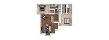 A top-down view of a house layout with a kitchen, living room, and bathrooms.
