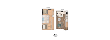 A floor plan of a one bedroom apartment.