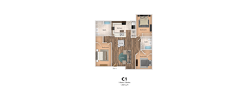 A floor plan of a one bedroom apartment with a living room, dining room, kitchen, and bathroom.