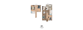 A floor plan of a D1 apartment with 4 bedrooms and 2 bathrooms.