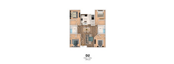 A floor plan of a D2 apartment with 4 bedrooms and 2 bathrooms.