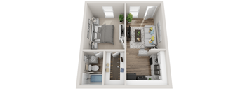 A top-down view of a small apartment with a bedroom, living room, kitchen, and bathroom.