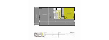 A floor plan for a 1 bedroom, 1 bath unit with a living area and balcony.