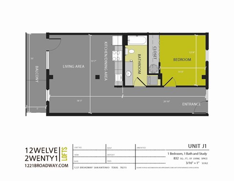 A floor plan for a 1 bedroom, 1 bath unit with a living area and balcony.