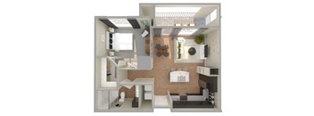 a rendering of a 1 bedroom floor plan with a bathroom and a living room