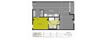 A floor plan of a one bedroom apartment with a bathroom and living room.