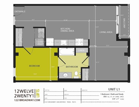 A floor plan of a one bedroom apartment with a bathroom and living room.