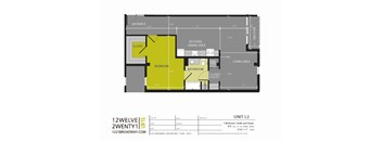 A floor plan for a one bedroom apartment with a bath and study.