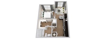 a 3d drawing of a bedroom with a bathroom and a living room