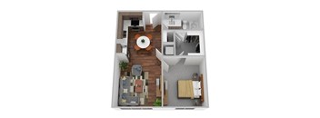 A top down view of a living room, dining room, kitchen and bedroom.